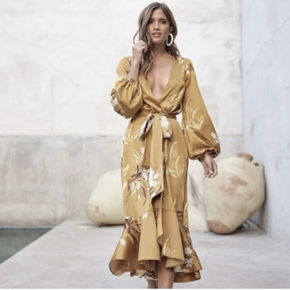 Express Dresses & Skirts - Rocky Barnes x Express Cottagecore Gold Satin Floral Kimono Wrap Midi Dress M/L